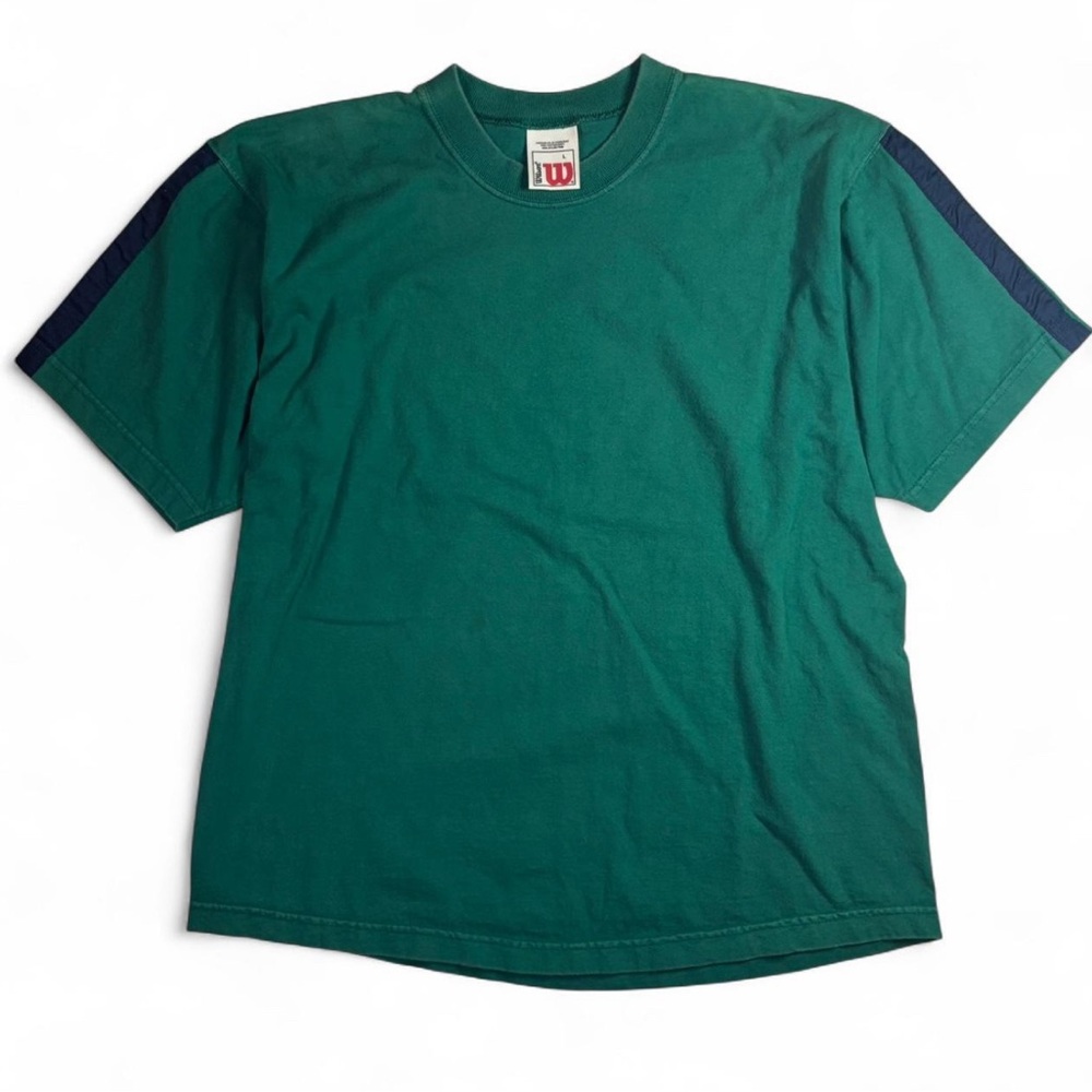 Authentic Wilson Vintage Style Tee with Navy Blue Sleeve Stripes